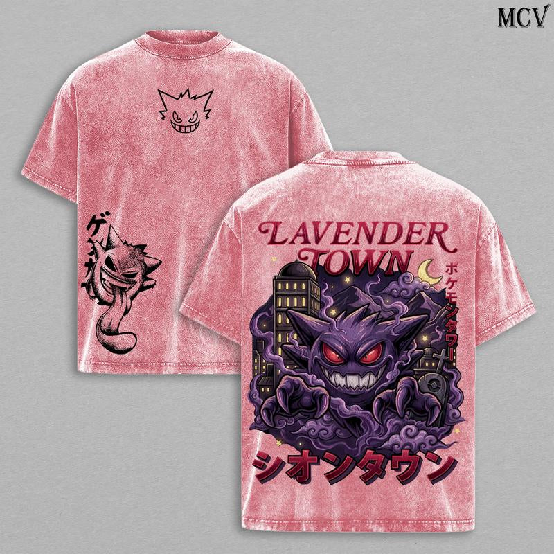 Retro 90S Gengar Ghost Lavender Town Legend Anime Vintage Washed Tee Unisex Oversize Anime Manga Washed Heavyweight Cotton T-Shirt, Gift for Anime Fan Lover