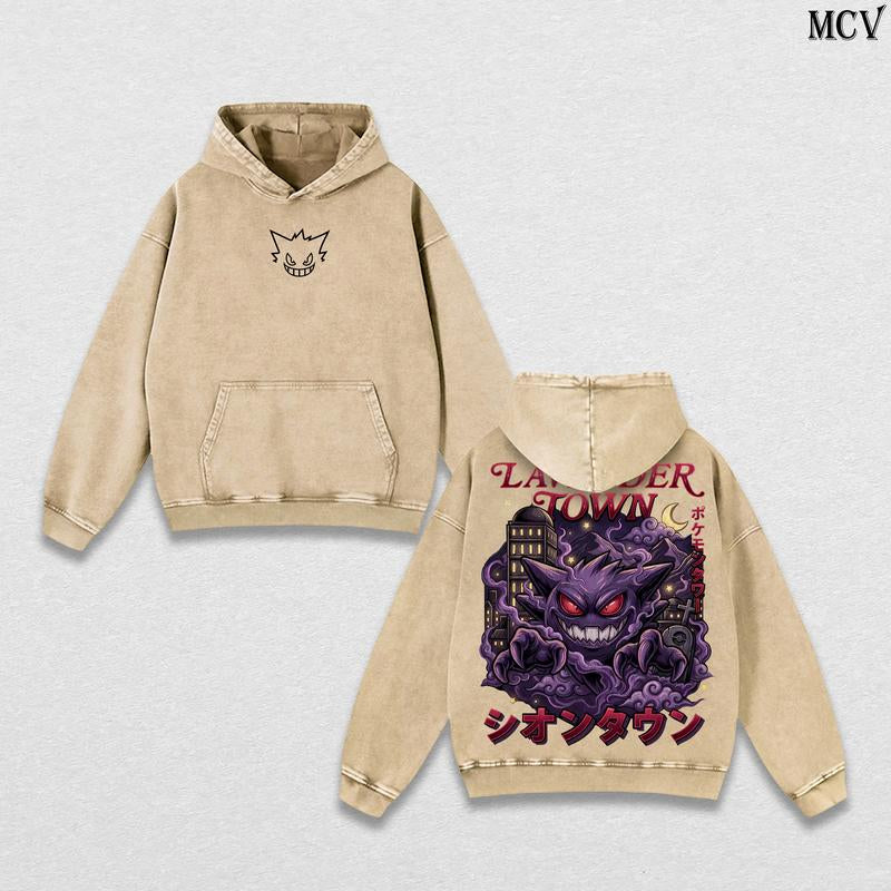 Retro 90S Gengar Ghost Lavender Town Legend Anime Vintage Washed Tee Unisex Oversize Anime Manga Washed Heavyweight Cotton T-Shirt, Gift for Anime Fan Lover