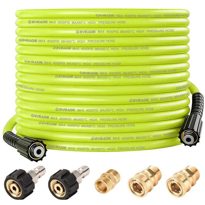 EVEAGE 50FT X 1/4"Pressure Washer Hose, 2600 PSI Flexible Kink Resistant Power Washer Hose with M22 Female Thread and 3/8“ Quick Connect Adapter
