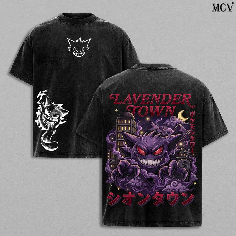Retro 90S Gengar Ghost Lavender Town Legend Anime Vintage Washed Tee Unisex Oversize Anime Manga Washed Heavyweight Cotton T-Shirt, Gift for Anime Fan Lover