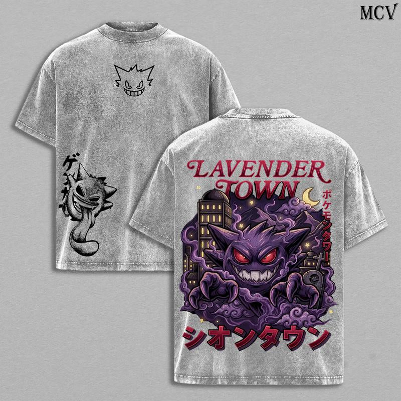 Retro 90S Gengar Ghost Lavender Town Legend Anime Vintage Washed Tee Unisex Oversize Anime Manga Washed Heavyweight Cotton T-Shirt, Gift for Anime Fan Lover