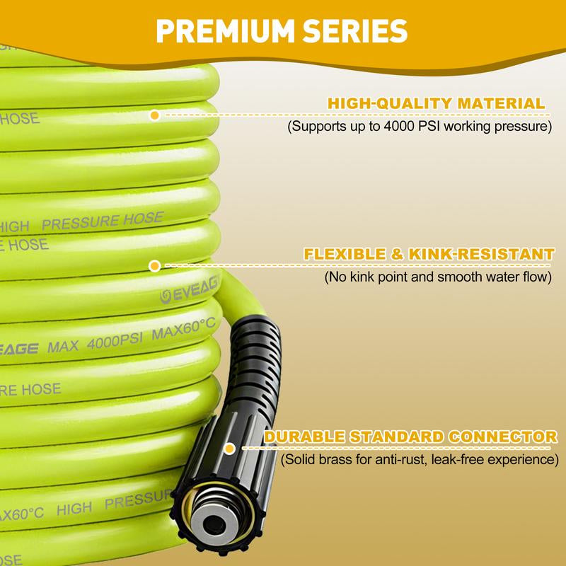 EVEAGE 50FT X 1/4"Pressure Washer Hose, 2600 PSI Flexible Kink Resistant Power Washer Hose with M22 Female Thread and 3/8“ Quick Connect Adapter