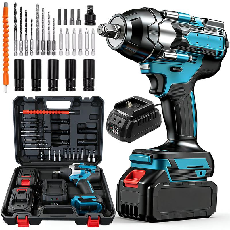 750N.M Cordless Impact Wrench, All-Metal Cordless Impact Gun with 2 * 4.0Mah, 3-IN-1 Electric Impact Wrench with 5 Sleeves, High Torque 1/2 Impact Wrench