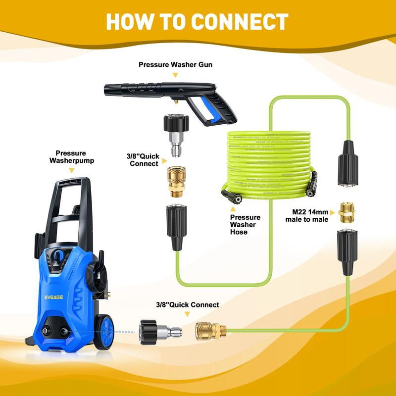 EVEAGE 50FT X 1/4"Pressure Washer Hose, 2600 PSI Flexible Kink Resistant Power Washer Hose with M22 Female Thread and 3/8“ Quick Connect Adapter