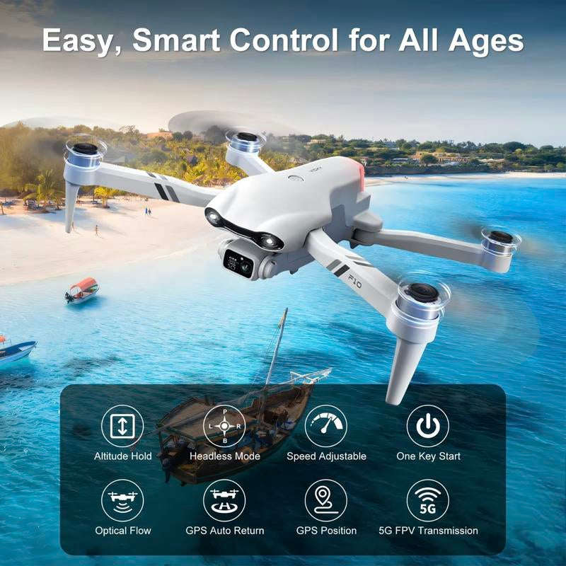 Aerial Drone F10 Pro 2025 – GPS Positioning, 4K UHD EIS Camera, 5G Wifi FPV, Brushless Motors, Optical Flow Hover, Intelligent Obstacle Avoidance, Auto Return, 360° Stunt Roll, Two Batteries